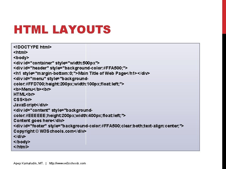 HTML LAYOUTS <!DOCTYPE html> <body> <div id="container" style="width: 500 px"> <div id="header" style="background-color: #FFA HTML LAYOUTS <!DOCTYPE html> <body> <div id="container" style="width: 500 px"> <div id="header" style="background-color: #FFA