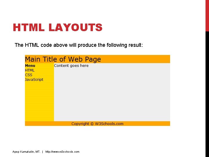 HTML LAYOUTS The HTML code above will produce the following result: Apep Kamaludin, MT. HTML LAYOUTS The HTML code above will produce the following result: Apep Kamaludin, MT.