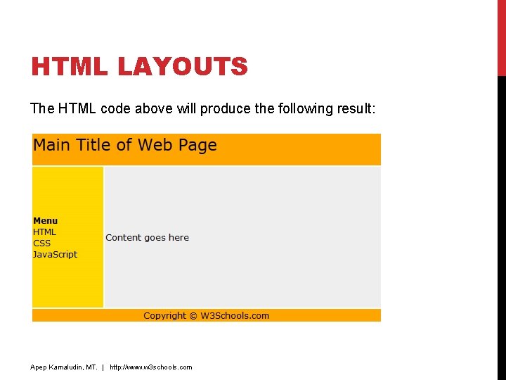 HTML LAYOUTS The HTML code above will produce the following result: Apep Kamaludin, MT. HTML LAYOUTS The HTML code above will produce the following result: Apep Kamaludin, MT.