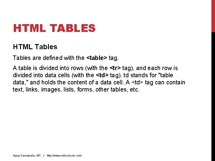 HTML TABLES HTML Tables are defined with the <table> tag. A table is divided HTML TABLES HTML Tables are defined with the <table> tag. A table is divided