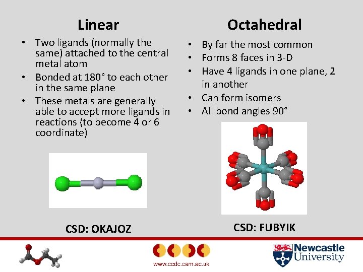 Linear Octahedral • Two ligands (normally the same) attached to the central metal atom
