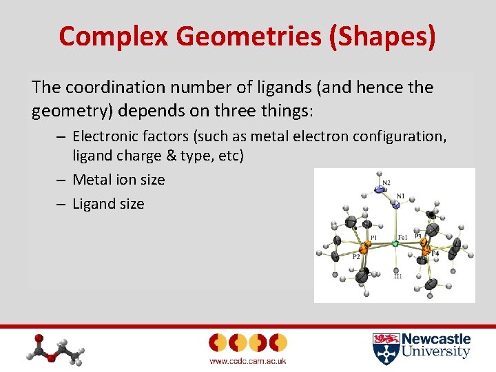 Complex Geometries (Shapes) The coordination number of ligands (and hence the geometry) depends on