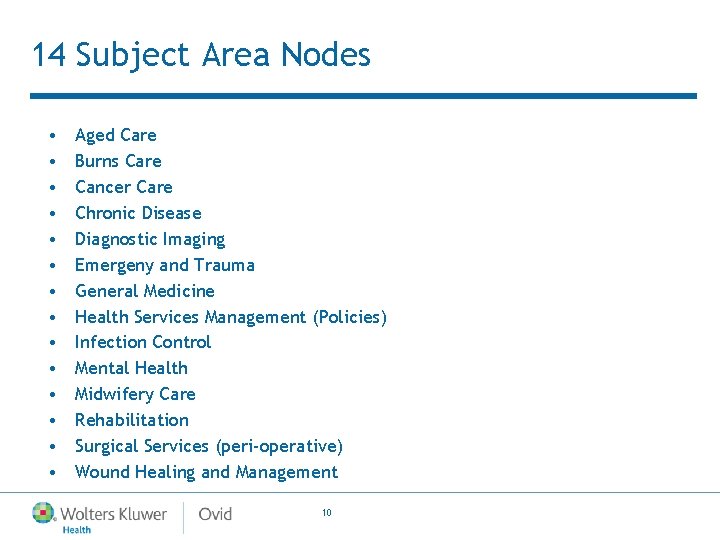 14 Subject Area Nodes • • • • Aged Care Burns Care Cancer Care