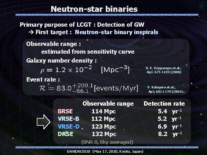 Neutron-star binaries Primary purpose of LCGT : Detection of GW First target : Neutron-star