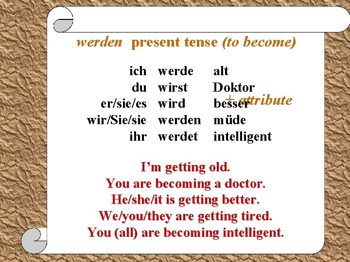 werden present tense (to become) ich du er/sie/es wir/Sie/sie ihr werde wirst wird werden