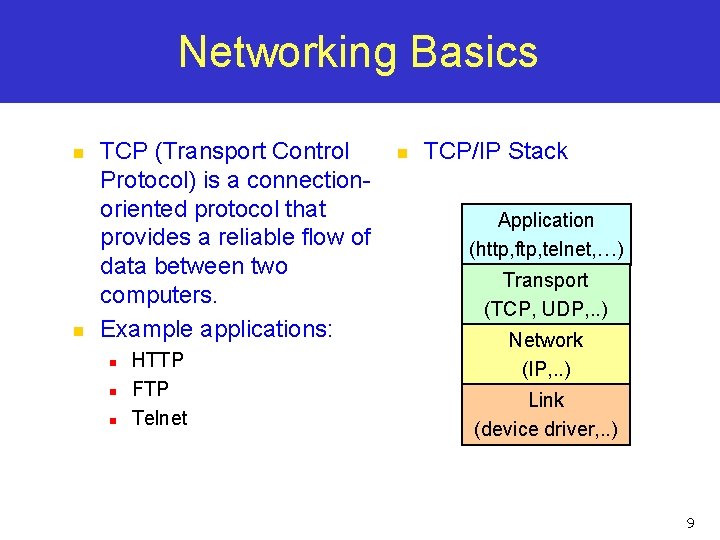 Networking Basics n n TCP (Transport Control Protocol) is a connectionoriented protocol that provides Networking Basics n n TCP (Transport Control Protocol) is a connectionoriented protocol that provides