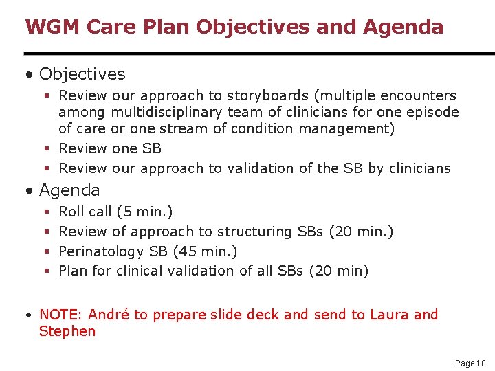 WGM Care Plan Objectives and Agenda • Objectives § Review our approach to storyboards