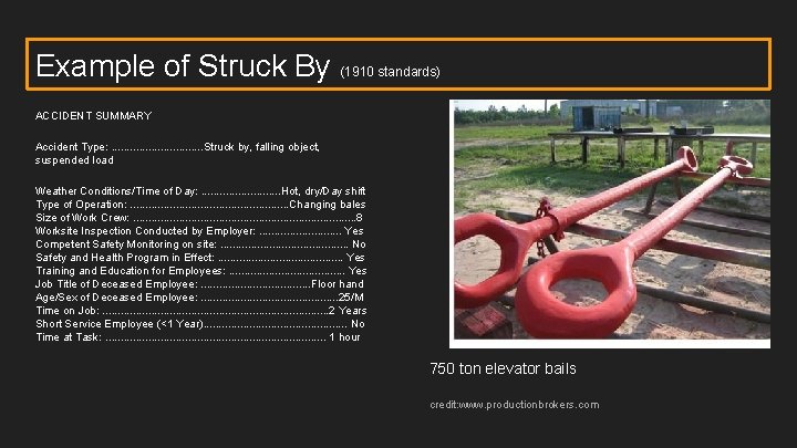 Example of Struck By (1910 standards) ACCIDENT SUMMARY Accident Type: . . . .