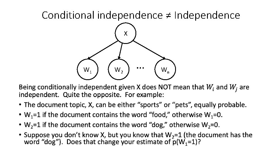 Conditional independence ≠ Independence X W 1 • W 2 … Wn 