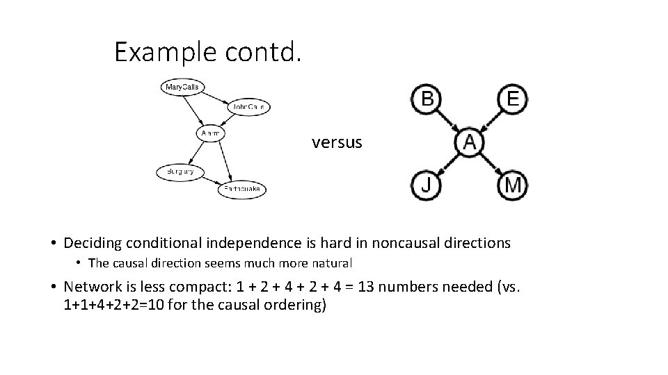 Example contd. versus • Deciding conditional independence is hard in noncausal directions • The