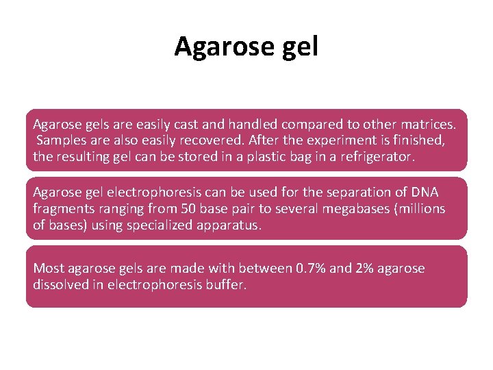 Agarose gels are easily cast and handled compared to other matrices. Samples are also