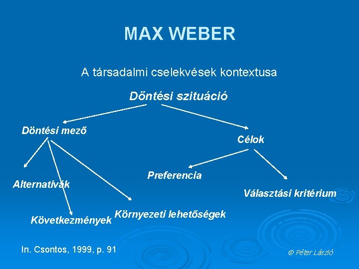 MAX WEBER A társadalmi cselekvések kontextusa Döntési szituáció Döntési mező Célok Preferencia Alternatívák Következmények
