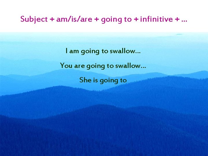 Subject + am/is/are + going to + infinitive + … I am going to