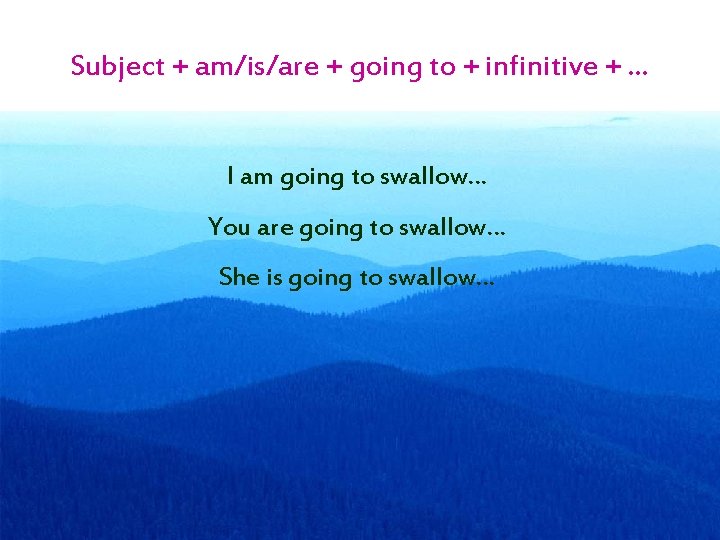 Subject + am/is/are + going to + infinitive + … I am going to