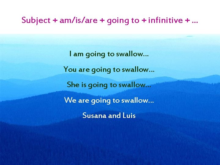 Subject + am/is/are + going to + infinitive + … I am going to