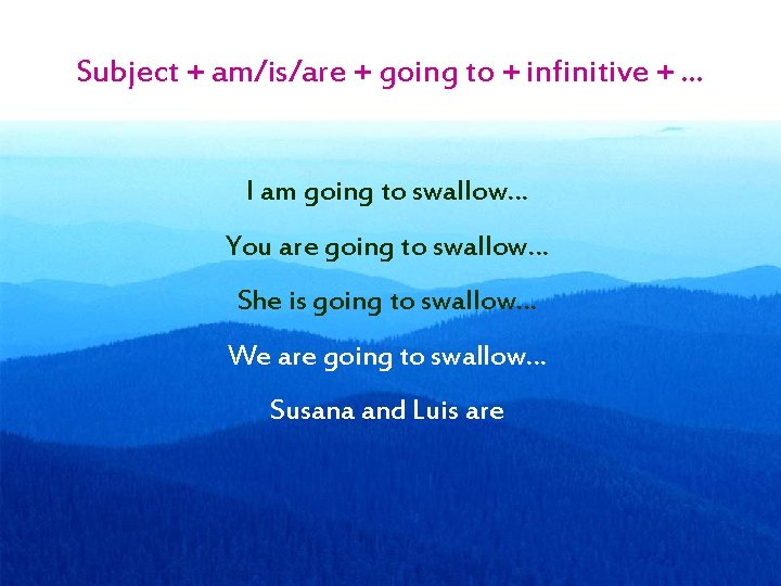 Subject + am/is/are + going to + infinitive + … I am going to