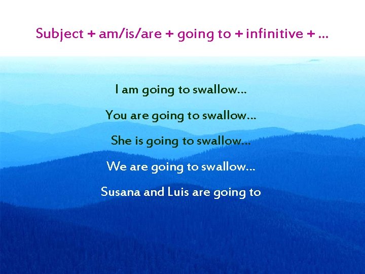 Subject + am/is/are + going to + infinitive + … I am going to
