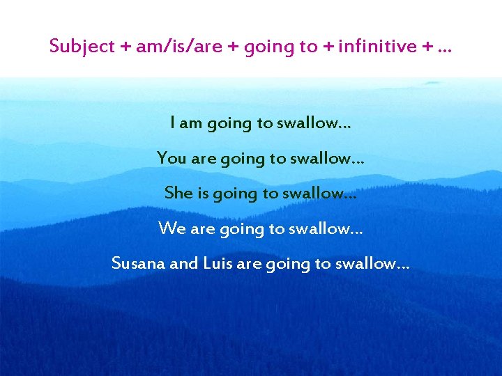 Subject + am/is/are + going to + infinitive + … I am going to