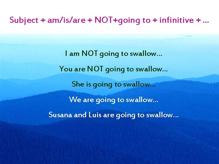 Subject + am/is/are + NOT+going to + infinitive + … I am NOT going