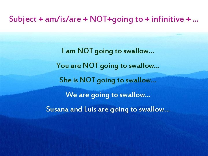 Subject + am/is/are + NOT+going to + infinitive + … I am NOT going