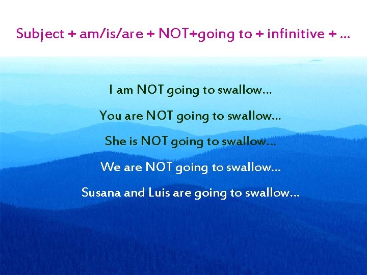 Subject + am/is/are + NOT+going to + infinitive + … I am NOT going