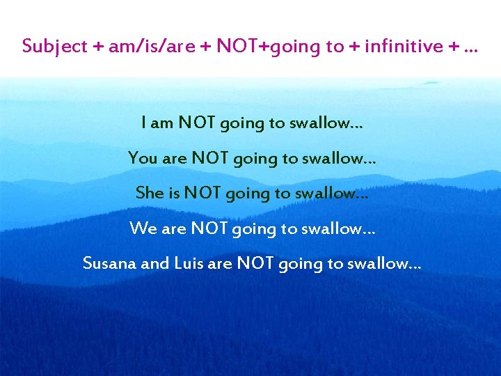 Subject + am/is/are + NOT+going to + infinitive + … I am NOT going