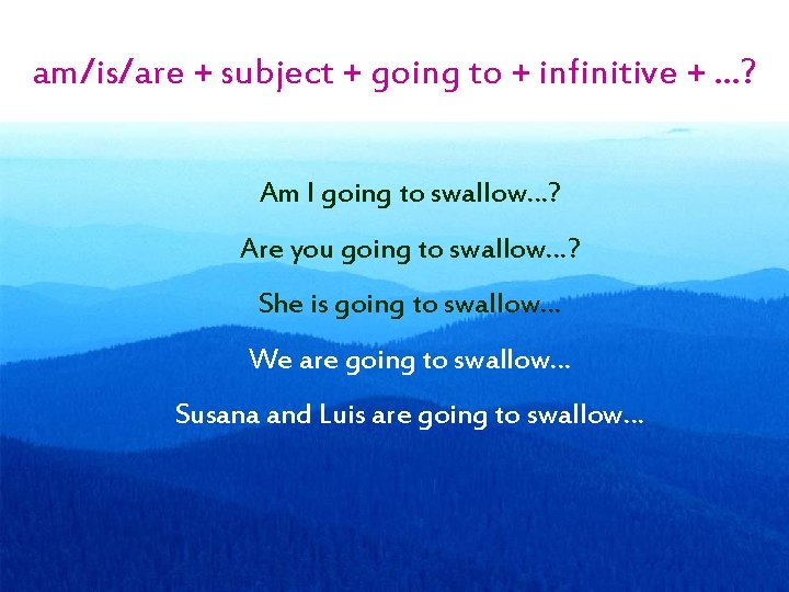 am/is/are + subject + going to + infinitive + …? Am I going to