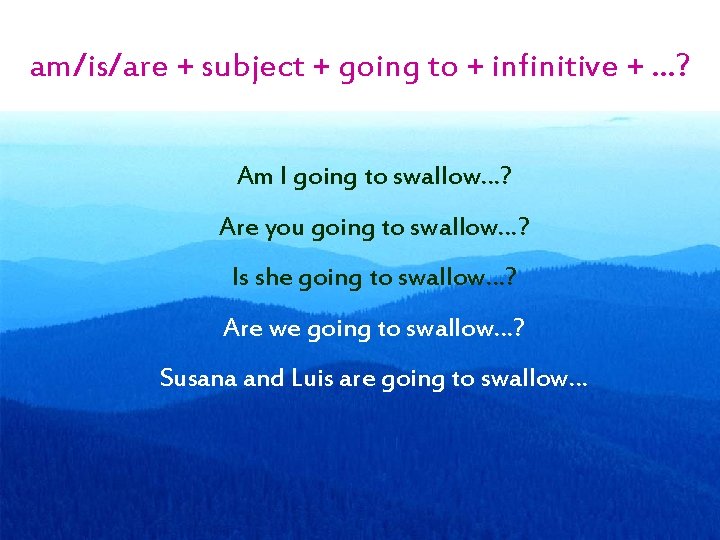 am/is/are + subject + going to + infinitive + …? Am I going to