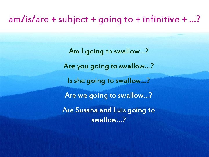 am/is/are + subject + going to + infinitive + …? Am I going to