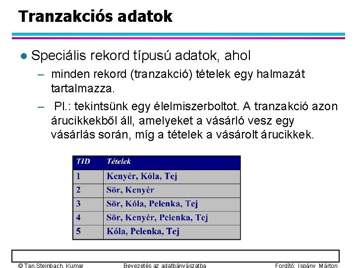 Tranzakciós adatok l Speciális rekord típusú adatok, ahol – minden rekord (tranzakció) tételek egy