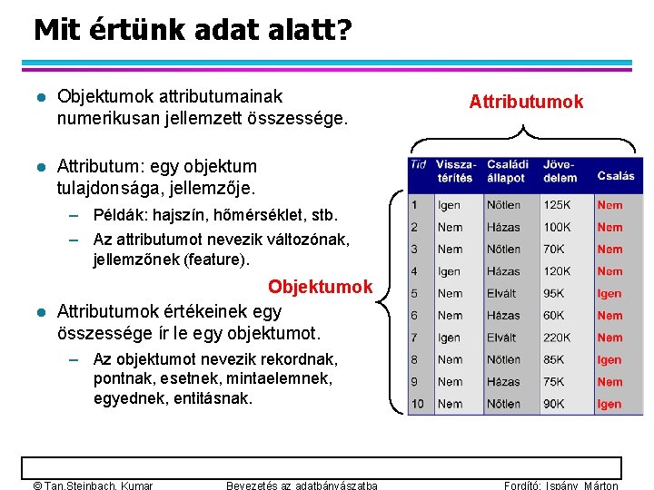 Mit értünk adat alatt? l Objektumok attributumainak numerikusan jellemzett összessége. l Attributum: egy objektum