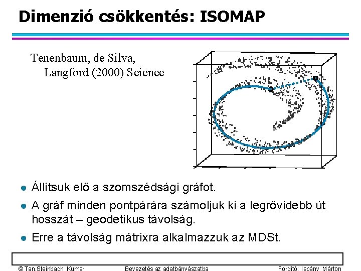 Dimenzió csökkentés: ISOMAP Tenenbaum, de Silva, Langford (2000) Science l l l Állítsuk elő