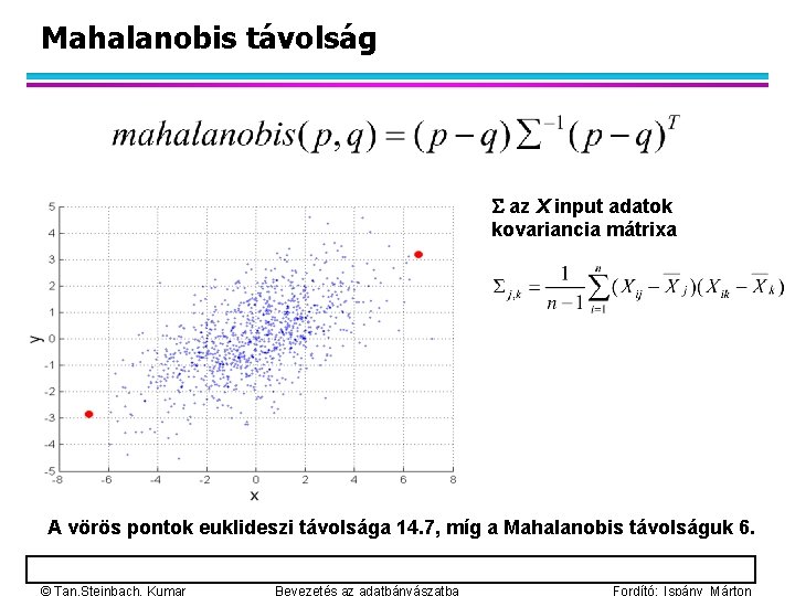 Mahalanobis távolság az X input adatok kovariancia mátrixa A vörös pontok euklideszi távolsága 14.