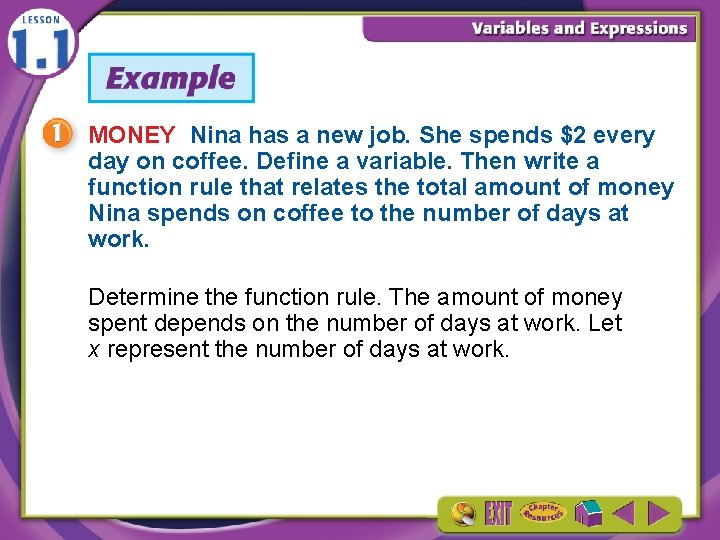 MONEY Nina has a new job. She spends $2 every day on coffee. Define