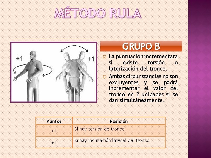 MÉTODO RULA GRUPO B � � Puntos La puntuación incrementara si existe torsión o