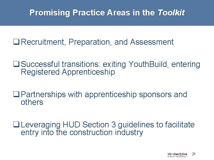 Promising Practice Areas in the Toolkit q Recruitment, Preparation, and Assessment q Successful transitions: