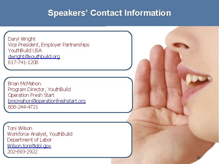 Speakers’ Contact Information Daryl Wright Vice President, Employer Partnerships Youth. Build USA dwright@youthbuild. org