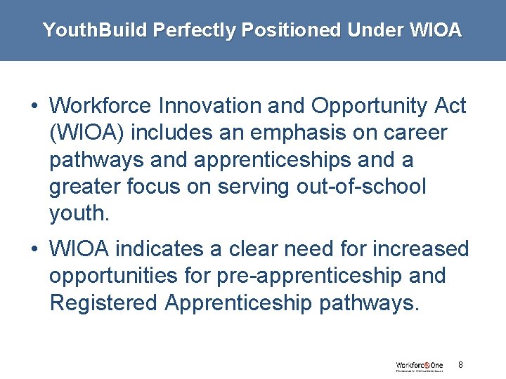 Youth. Build Perfectly Positioned Under WIOA • Workforce Innovation and Opportunity Act (WIOA) includes