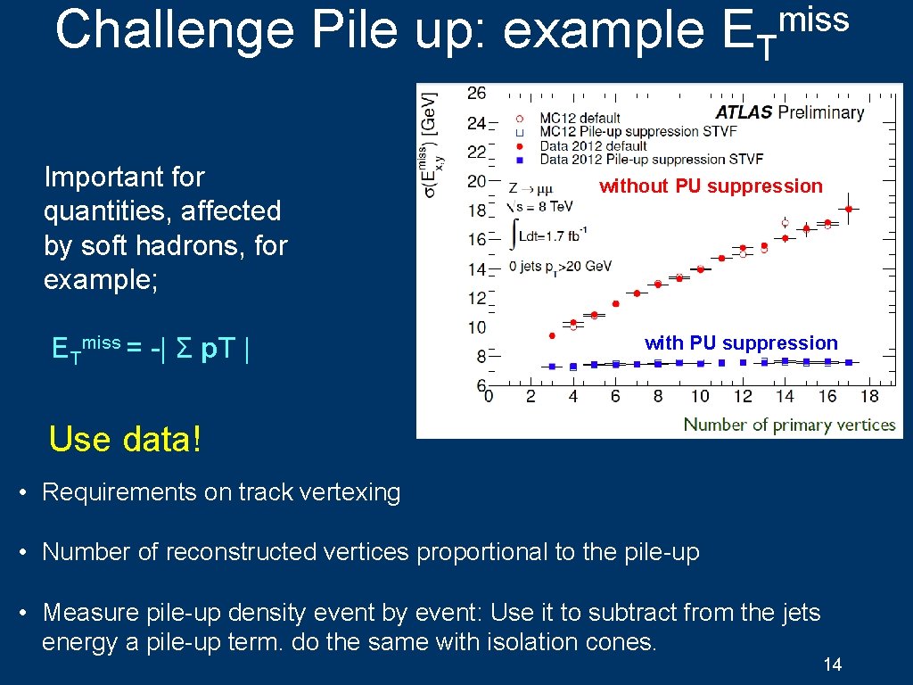 Challenge Pile up: example ET Important for quantities, affected by soft hadrons, for example;