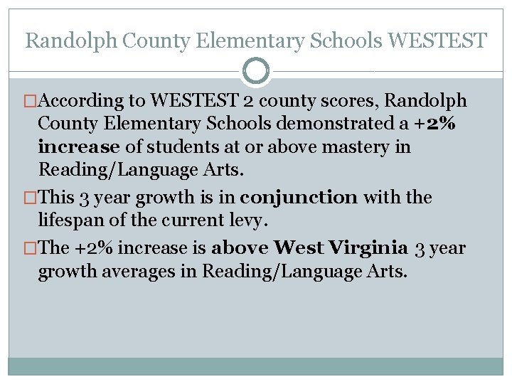 Randolph County Elementary Schools WESTEST �According to WESTEST 2 county scores, Randolph County Elementary