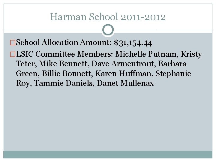 Harman School 2011 -2012 �School Allocation Amount: $31, 154. 44 �LSIC Committee Members: Michelle