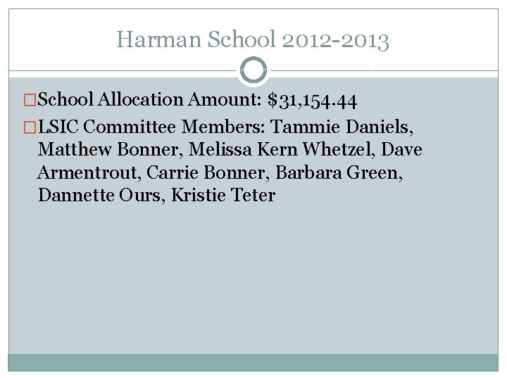 Harman School 2012 -2013 �School Allocation Amount: $31, 154. 44 �LSIC Committee Members: Tammie