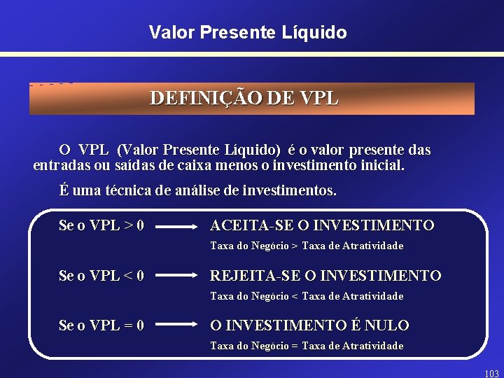 Valor Presente Líquido DEFINIÇÃO DE VPL O VPL (Valor Presente Líquido) é o valor