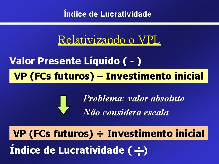 Índice de Lucratividade Relativizando o VPL Valor Presente Líquido ( - ) VP (FCs