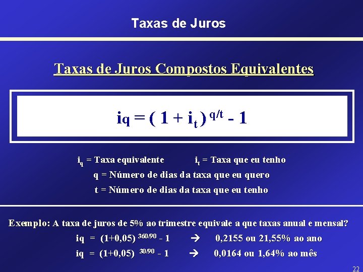 Taxas de Juros Compostos Equivalentes iq = ( 1 + it ) q/t -