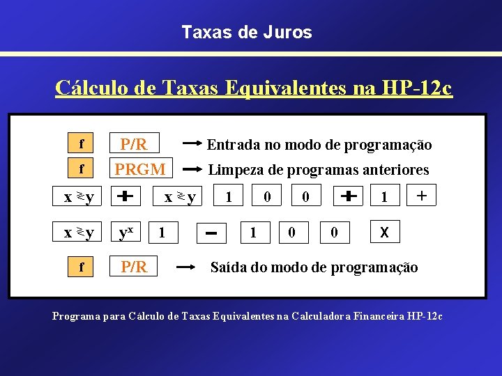 Taxas de Juros Cálculo de Taxas Equivalentes na HP-12 c f f P/R PRGM