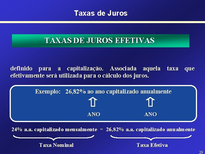 Taxas de Juros TAXAS DE JUROS EFETIVAS definido para a capitalização. Associada aquela taxa