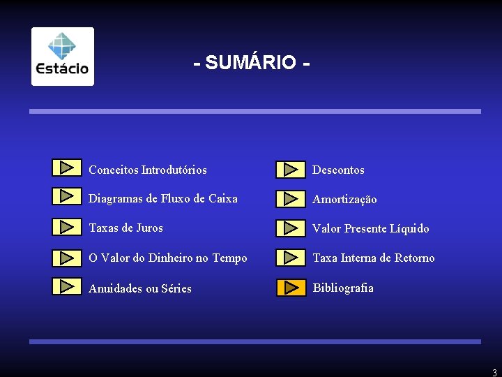 - SUMÁRIO - Conceitos Introdutórios Descontos Diagramas de Fluxo de Caixa Amortização Taxas de