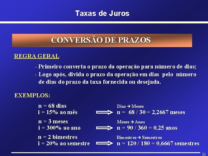 Taxas de Juros CONVERSÃO DE PRAZOS REGRA GERAL - Primeiro converta o prazo da