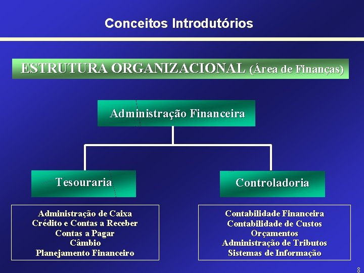 Conceitos Introdutórios ESTRUTURA ORGANIZACIONAL (Área de Finanças) Administração Financeira Tesouraria Controladoria Administração de Caixa